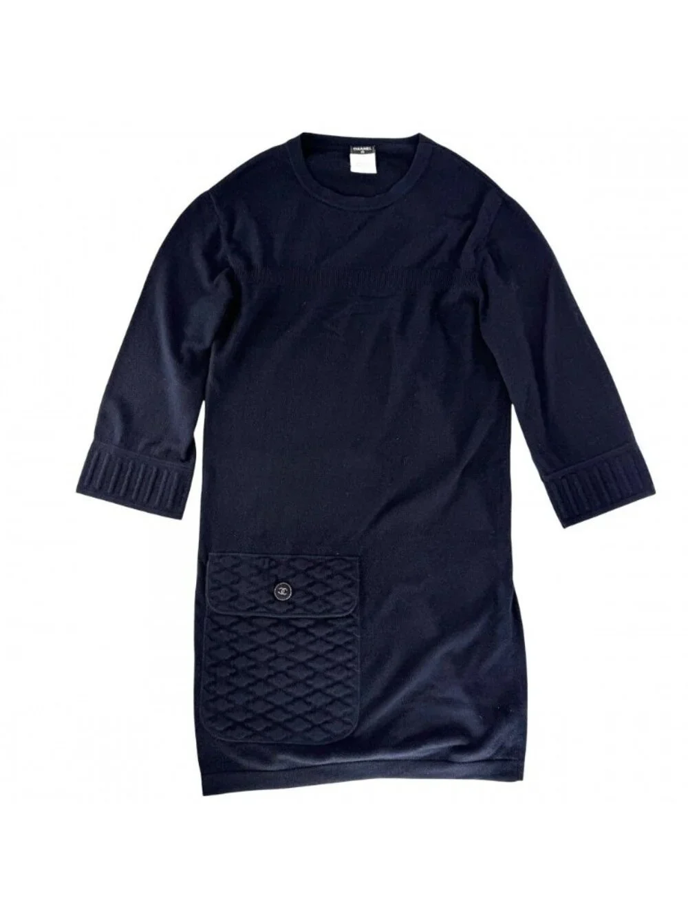 Chanel Dress Coco Button Knit Long Sleeve Pocket 36 Navy Cashmere Nylon Spandex